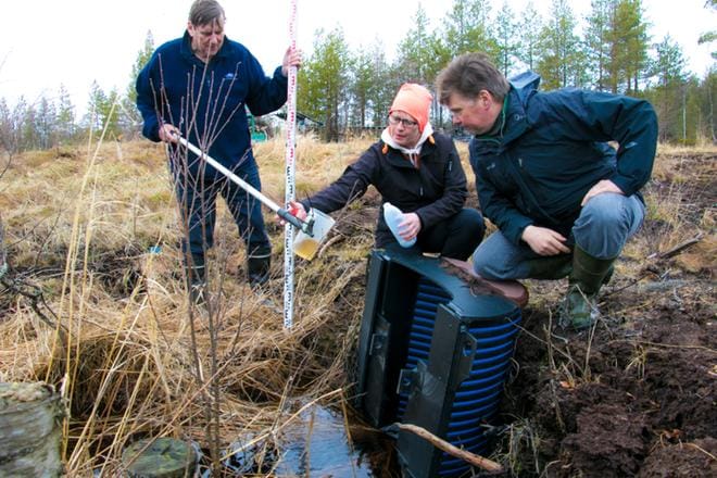 Tapio Salminen (vasemmalla), Terhi Kauppinen ja Jussi Harju ottivat ensimmäisen vesinäytteen turvesuolta kohdasta, mistä tuotantoalueen vesi lähtee eteenpäin päätyen Itäjokeen. Näytettä verrattiin alajuoksulta kilometrien päästä otettuun näytteeseen. Tulosten mukaan turvenevan kuormitus jokeen on mitätön. KUVA: JORMA HAVULA
