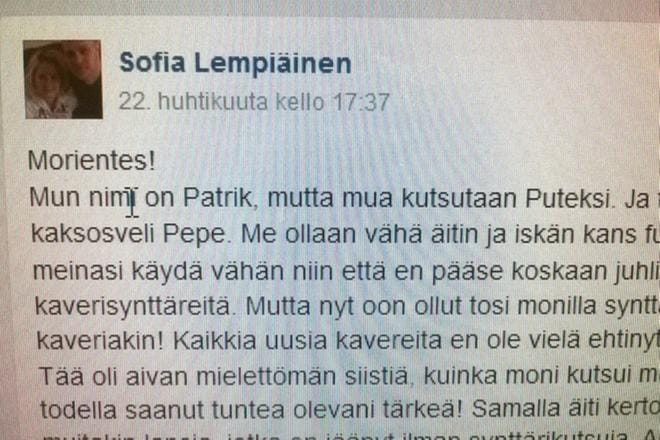 Patrikin äiti Sofia Lempiäinen kirjoittaa Facebookissa poikansa Patrikin puolesta.