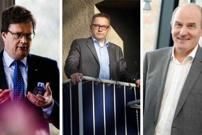 Asianajajaliiton puheenjohtaja Jarkko Ruohola, äskettäin tohtoriksi puolustajan roolista väitellyt asianajaja Markku Fredman ja rikos- ja prosessioikeuden professori Matti Tolvanen pitävät jättilaskujen syynä tarpeettoman pitkiksi paisuneita oikeudenkäyntejä. KUVA: Joel Maisalmi, Kimmo Penttinen, arkisto