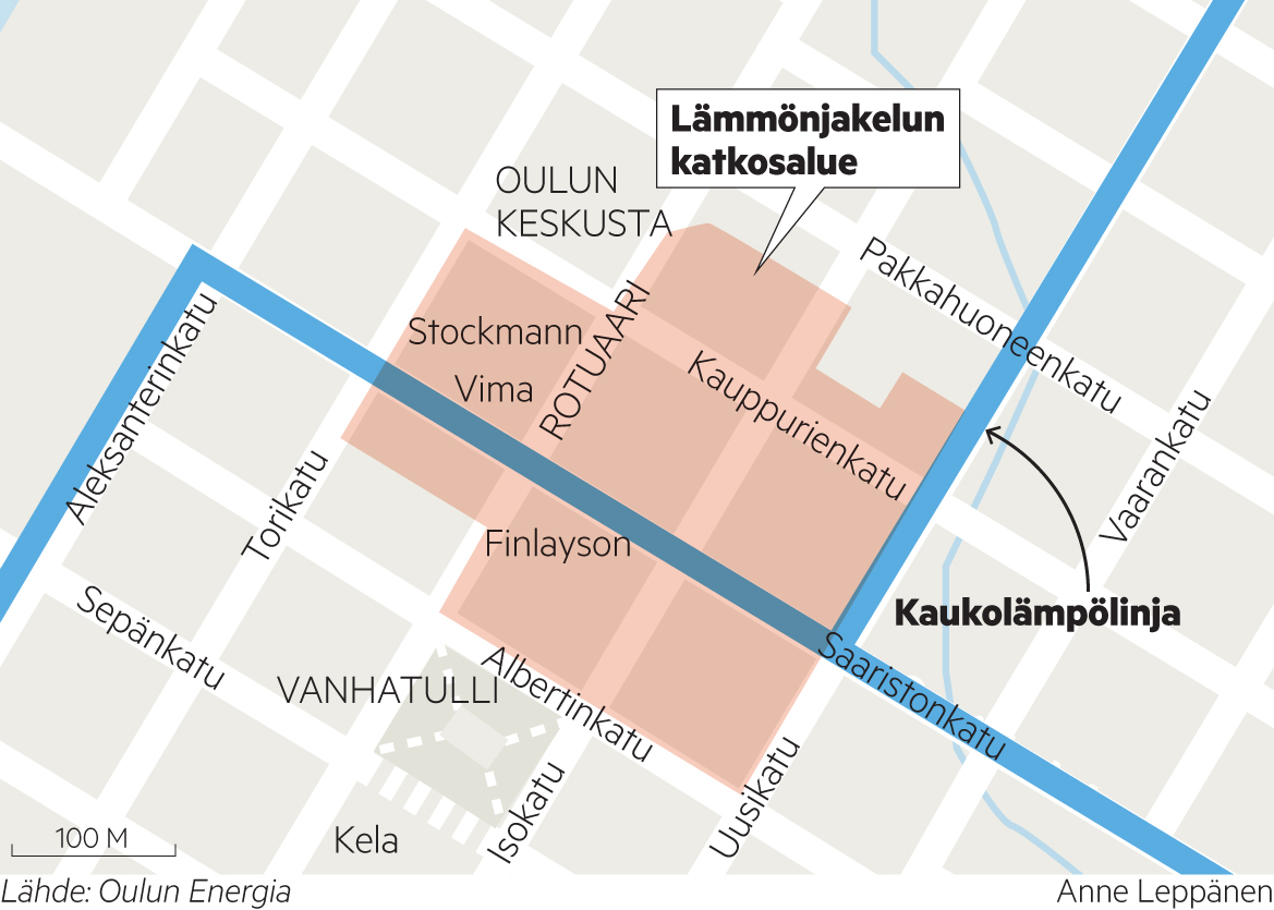 Kaukolämmön katkeaminen koskee keskustassa lukuisia kiinteistöjä.