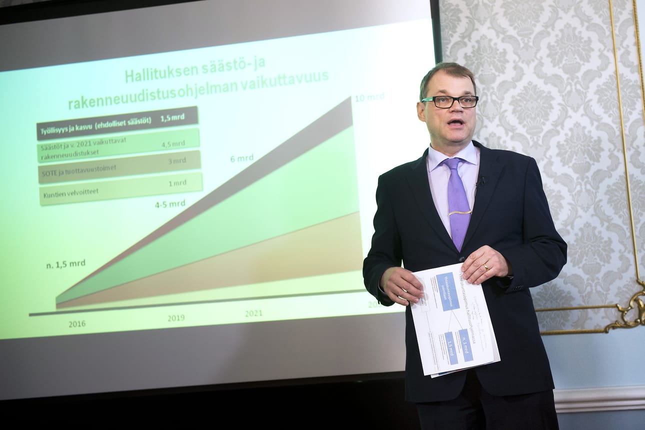Juha Sipilä kutsuu hyvätuloiset vapaaehtoisiin säästötalkoisiin.