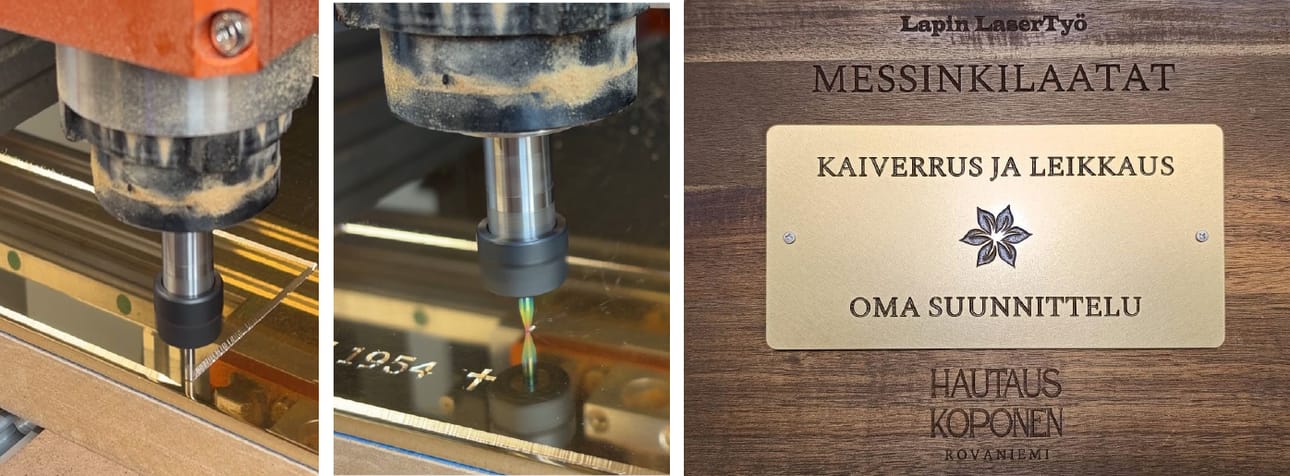 Muistolaatat työstetään toiveiden mukaan. Muoto, fontti ja mahdolliset koristeet tekevät muistolaatasta yksilöllisen. Aputoiminimi Lapin LaserTyö tukee hautaustoimiston palveluita. Koponen voi valmistaa myös useiden kappaleiden tasalaatuisia sarjoja cnc- ja lasertekniikkaa hyödyntäen.