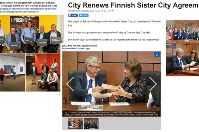 Seinäjoki on Thunder Bayn vanhin ystävyyskaupunki. Uuden yhteistyösopimuksen solmiminen huomioitiin paikallisessa mediassa.