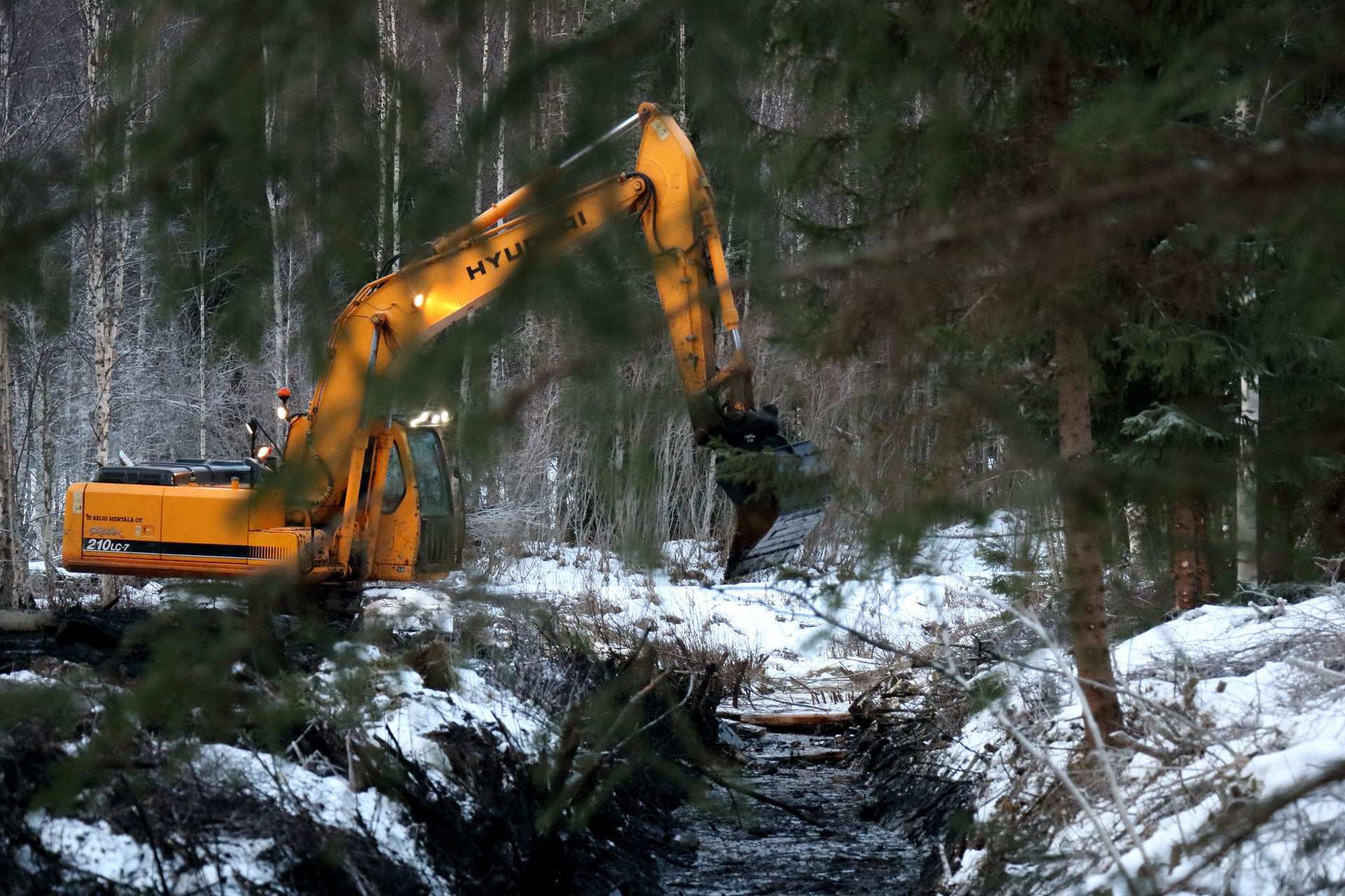 Kaivuri tekee ojasta entisen syvyisen ja levyisen. Saostumat ojan pohjalta nousevat kepeästi Mehtälän kaivurilla.