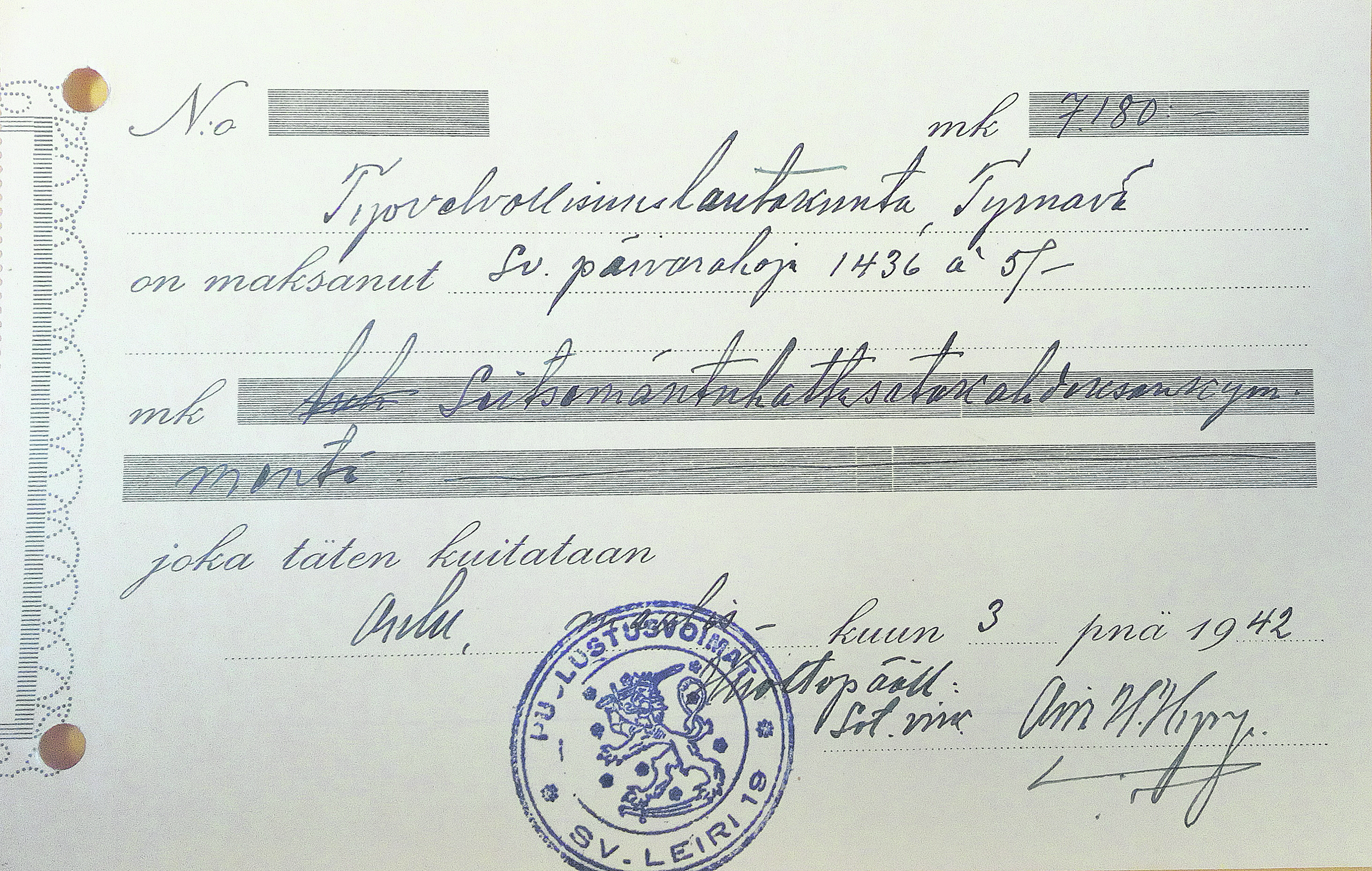 Vanha kuitti sotavankien ylöspidosta.