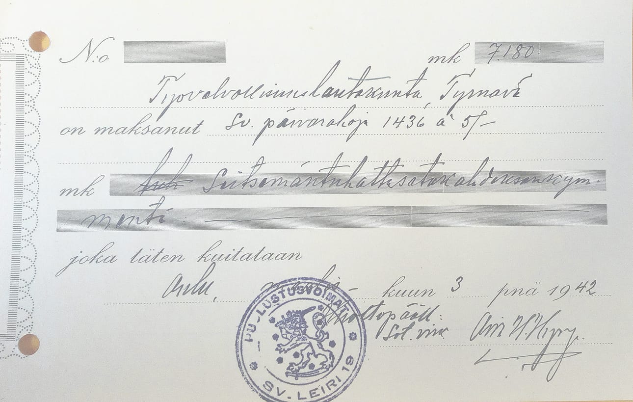 Vanha kuitti sotavankien ylöspidosta.