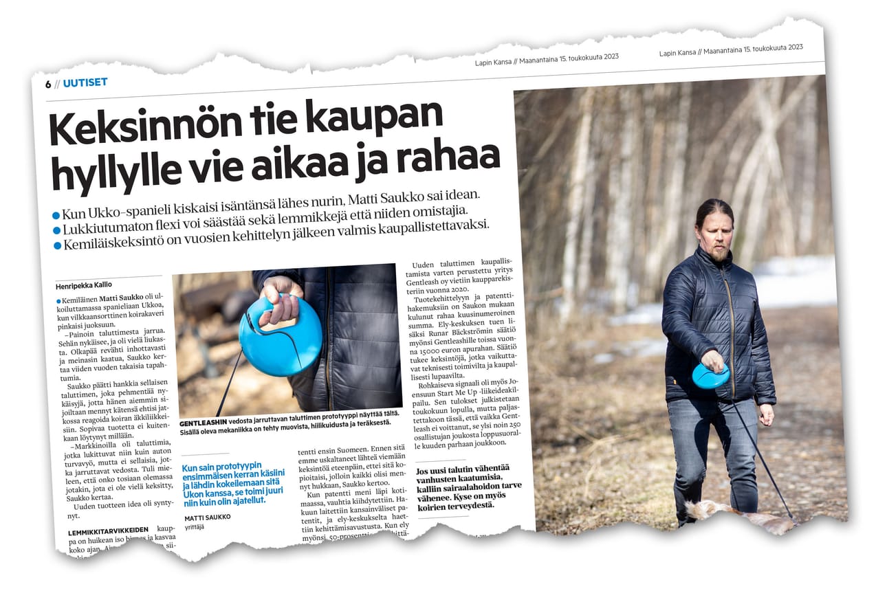 Nykäisyjä jarruttavan taluttimen kehittelystä uutisoitiin Lapin Kansassa ja Kalevassa keväällä 2023. Tuote oli tuossa vaiheessa prototyypin asteella.