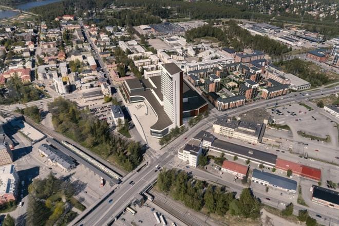 Wasa Stationin satametrisen tornin huoneistokerrosten määrää on lisätty yhdellä. Alaosaan majoittuu Marriot-ketjun hotelli. HAVAINNEKUVA: YIT