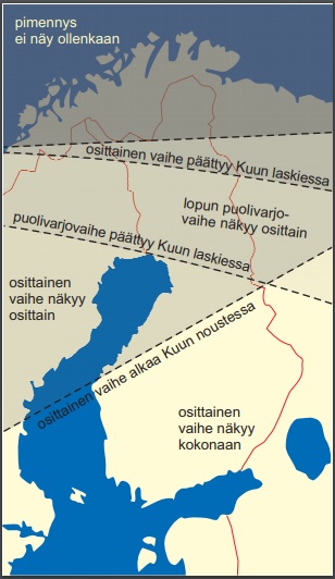 Parhaiten pimennys näkyy Etelä-Suomessa, jossa osittaisen vaiheen voi nähdä kokonaan ja vain alun puolivarjopimennyksestä osa jää näkemättä. Vaasa-Kajaani-linjan pohjoispuolella osittainen vaihe näkyy vain osittain. Pohjoisemmas mentäessä Kuu laskee varhemmin, ja osittaisen vaiheen loppuosa voi jäädä näkymättä. Aivan maan pohjoisosissa koko pimennys jää horisontin taakse.