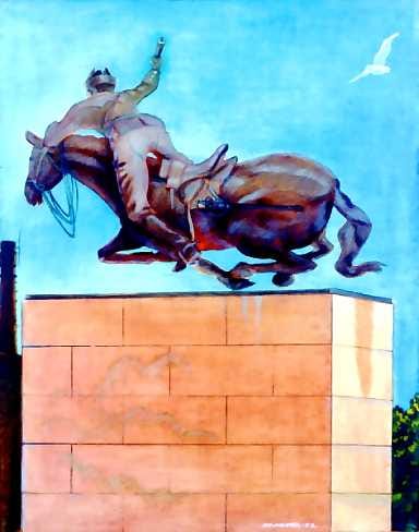 Taiteilijan intuitio kyseenalaistaa. Kansallissankari ratsuineen suistuu jalustalta Leo Lindstenin öljymaalauksessa Mannerheim-patsas jalustalla (1972)
