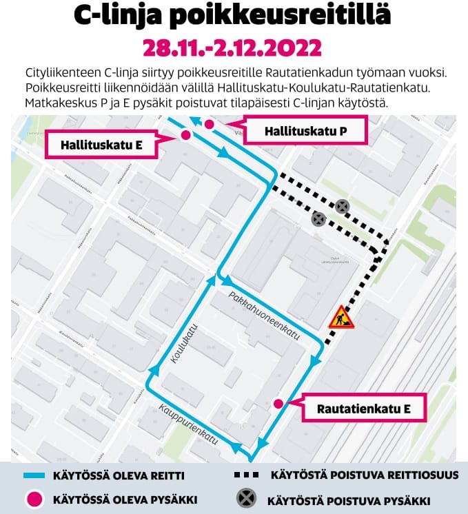 Cityliikenteen linja ajaa poikkeusreittiä 28.11.-2.12.