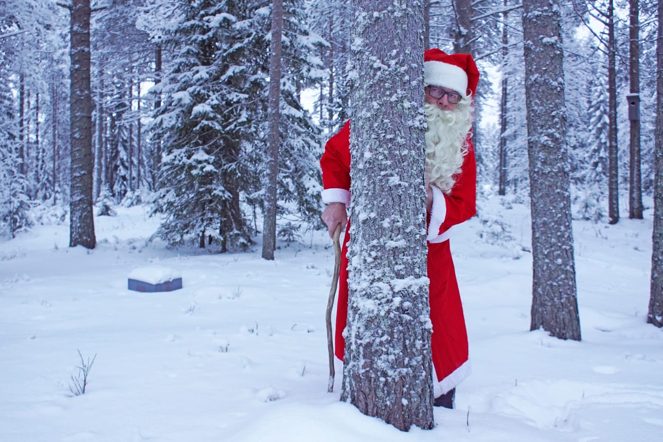 Joulupukki voi tulla ihan puun takaa. Huvituskuva.