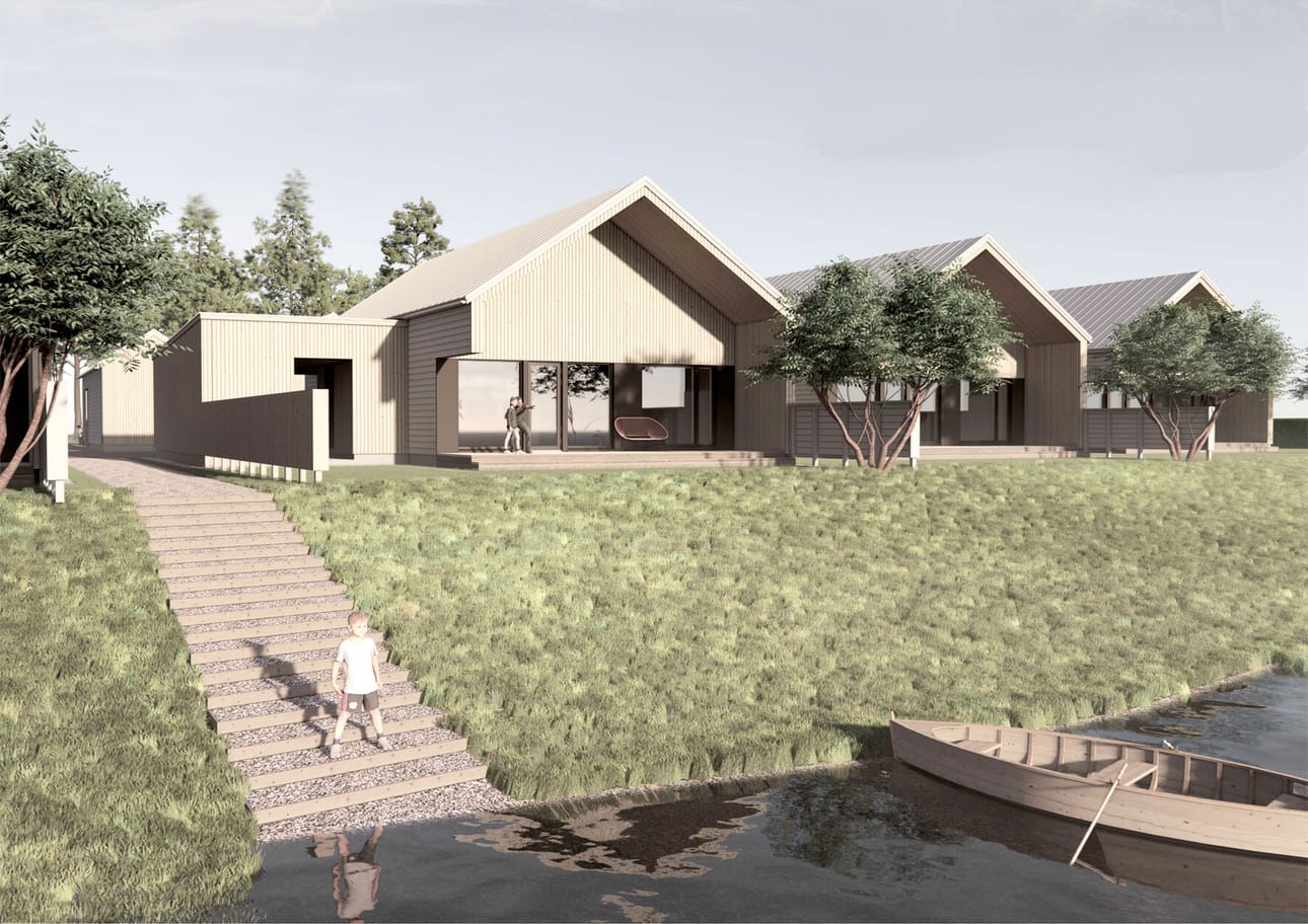 Rannan asunnoista avautuu järvimaisema kohti itää, aamuauringon suuntaan.