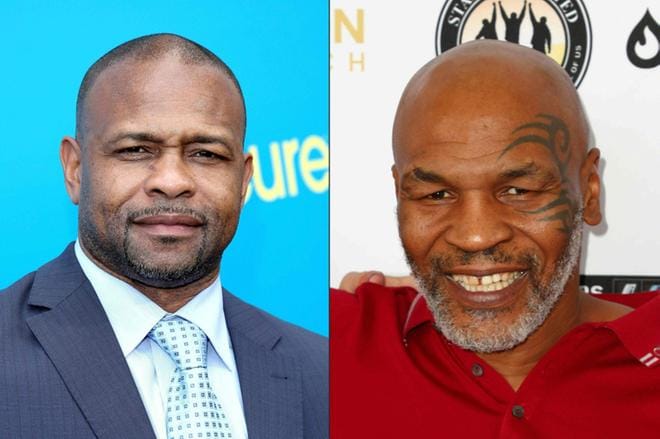 Roy Jones Jr (vas.) ja Mike Tyson ottivat mittaa toisistaan Los Angelesissa. Kuvat: Randy Shropshire ja Joe Scarnici / GETTY IMAGES NORTH AMERICA / AFP) - LEHTIKUVA / AFP