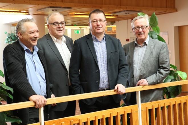 CLT Plantin osakeannista ja muista yhtiön asioista tiedottivat torstaina Antti Ala-Kokko (vasemmalla), Keijo Kuja-Lipasti, Jari Pajala ja Keijo Ullakko. KUVA: JORMA HAVULA