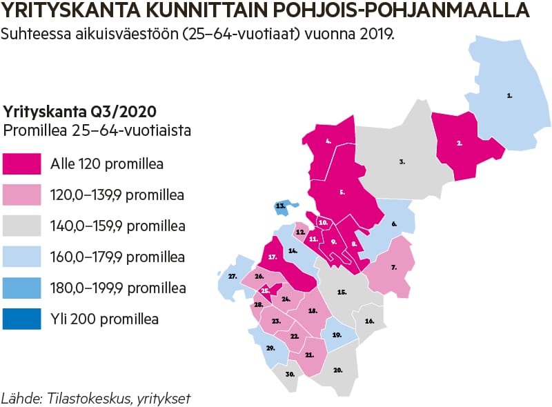 1. Kuusamo 2. Taivalkoski 3. Pudasjärvi 4. Ii 5. Oulu 6. Utajärvi 7. Vaala 8. Muhos 9. Tyrnävä 10. Kempele 11. Liminka 12. Lumijoki 13. Hailuoto 14. Siikajoki 15. Siikalatva 16. Pyhäntä 17. Raahe 18. Haapavesi 19. Kärsämäki 20. Pyhäjärvi 21. Haapajärvi 22. Nivala 23. Ylivieska 24. Oulainen 25. Merijärvi 26. Pyhäjoki 27. Kalajoki 28. Alavieska 29. Sievi