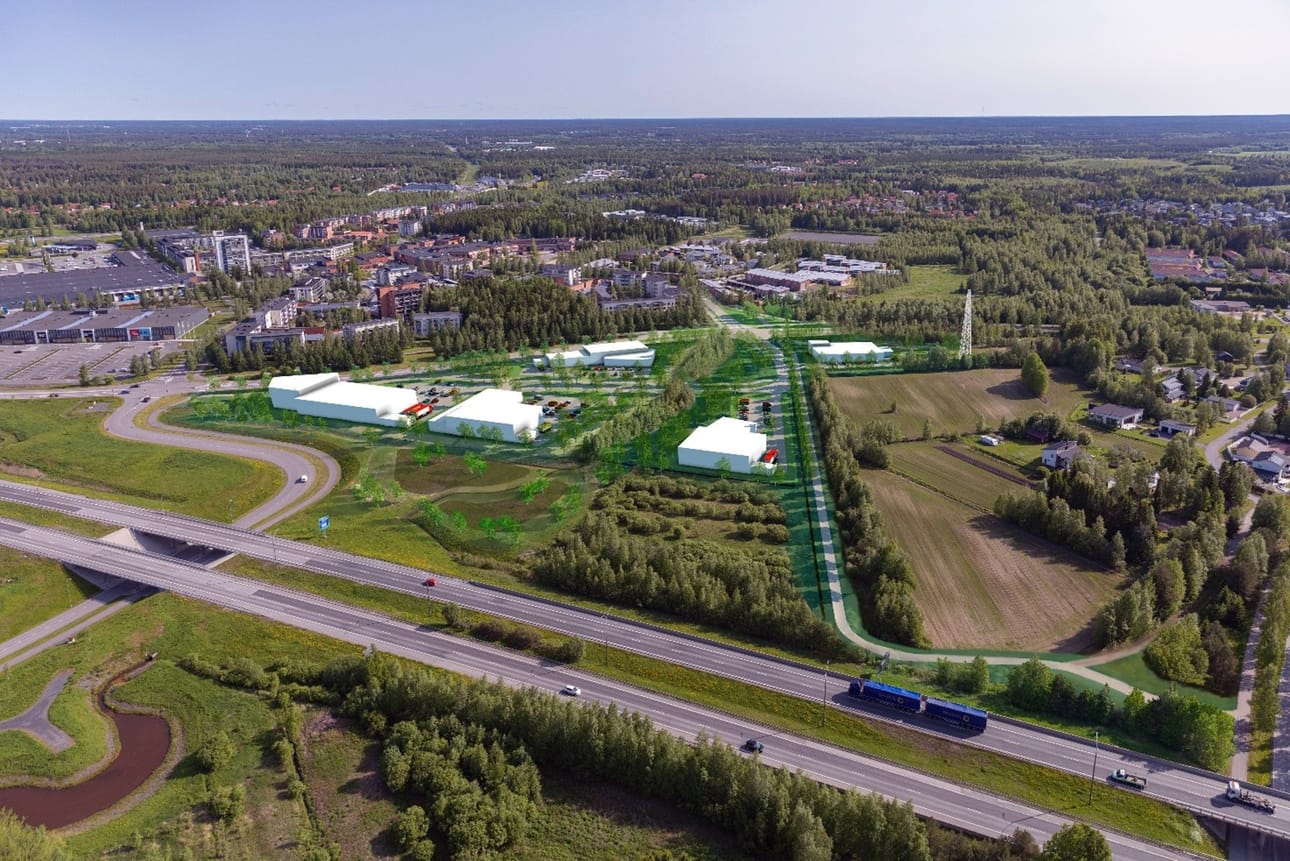 Havainnekuvassa Kaakkurin eteläpuoliselle alueelle moottoritien varteen rakennettaisiin viisi rakennusta pusikoituneelle peltoalueelle, josta tehtäisiin viheralue.