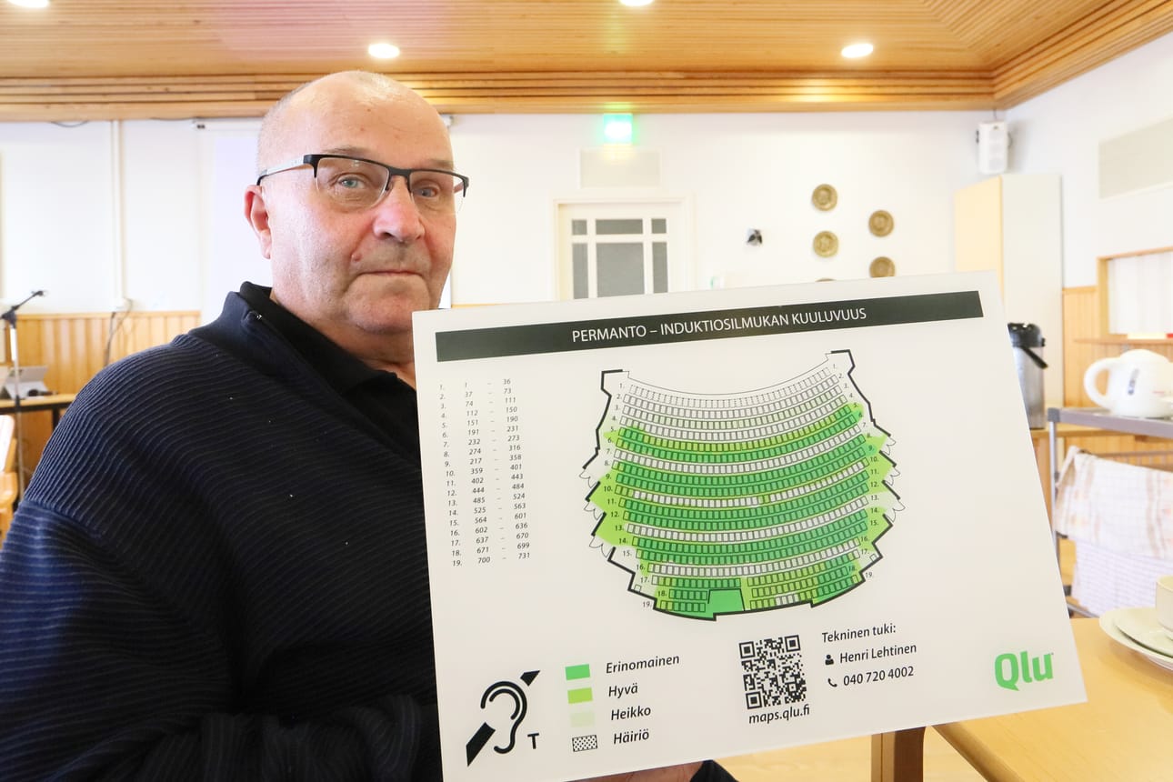 Jukka Kesti sai hiljattain kuulolaitteet molempiin korviinsa. Yhden salin kuuluvuuskartta osoittaa, että siellä on useita harmaita penkkiriviä, joilla iduktiosilmukka ei toimi.