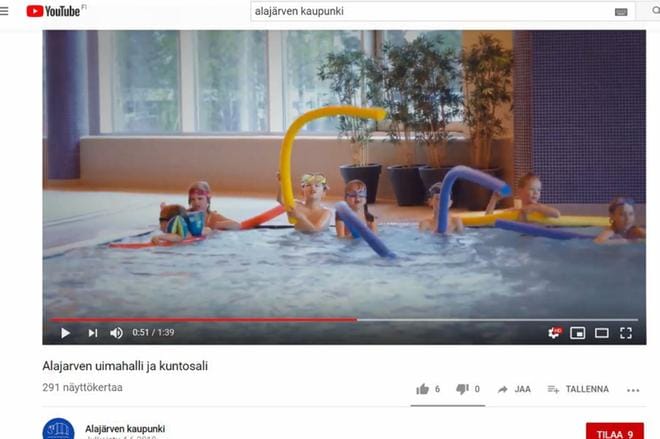 Alajärven ensimmäisessä Youtube-videossa on esillä uimahalli palveluihiin. Kuvakaappaus: Alajärven Youtube-kanava