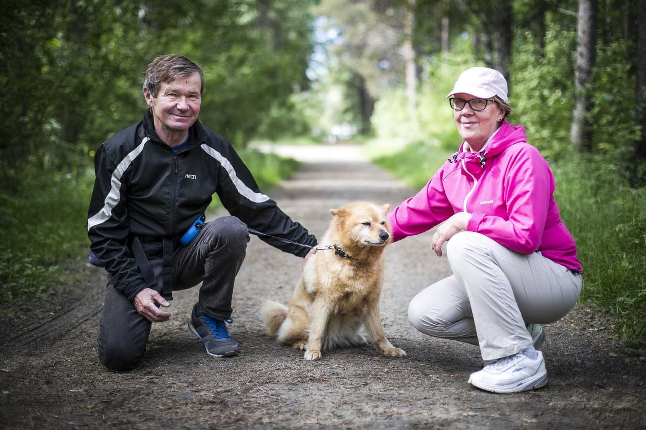 Lenkillä. Väinö Tiainen ja Leila Säily lenkkeilevät Mortin männikössä lähes päivittäin Tellu-koiran kanssa. "Vastustamme asuinrakentamista ehdottomasti", he sanovat.