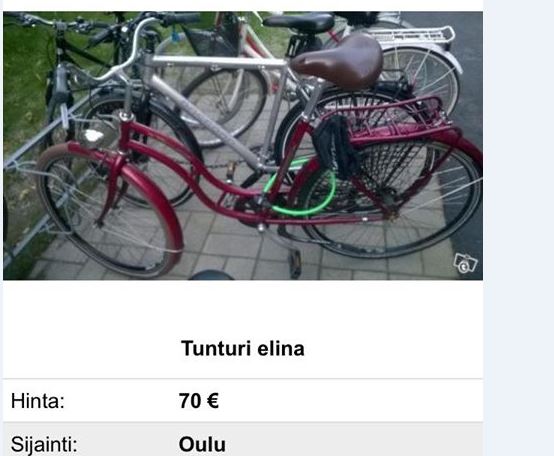 Oululaisnainen joutui poikkeuksellisen röyhkeän ja suunnitelmallisen pyörävarkaan uhriksi viime perjantaina. Varastettua Tunturi Elina -merkkistä pyörää kaupattiin Tori.fi:ssä.