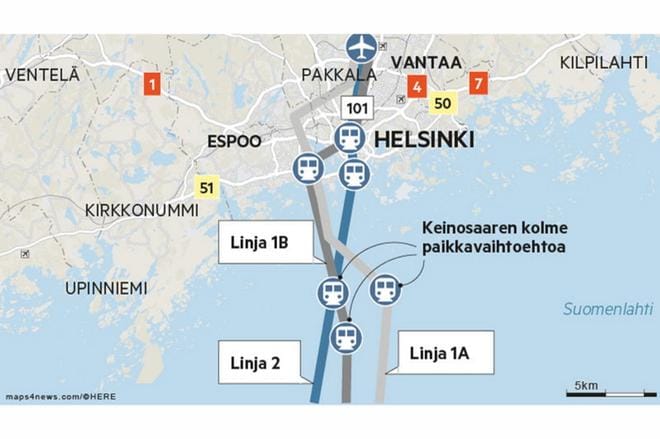 Kaikki kolme arvioitavaa tunnelivaihtoehtoa johtavat Helsinki–Vantaan lentokentälle. Keinosaarien paikka vaihtelee eri vaihtoehdoissa.