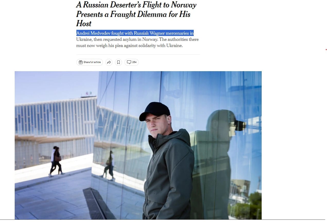 Norjasta turvapaikkaa hakeva entinen Wagner-sotilas Andrei Medvedev antoi toukokuussa Oslossa haastattelun The New York Timesille. Venäjän kansalainen kertoo, ettei Ukrainassa sotiessaan tehnyt mitään väärää. Hän tosin kertoo tappaneensa ja nähneensä, kun tapetaan.