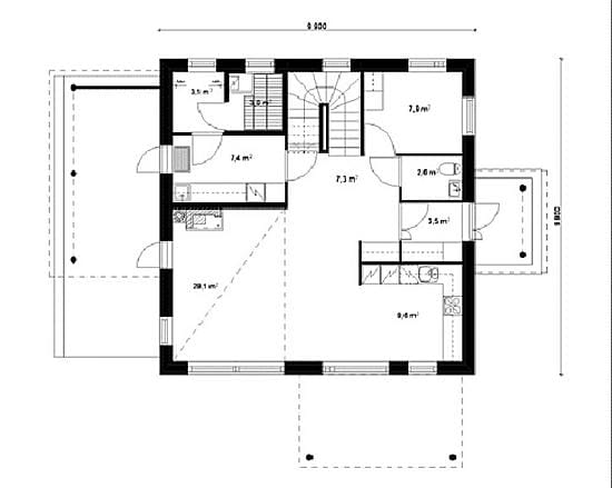 Luja-kivitalon talomalli Mistral 143 on pohjamuodoltaan neliö ja ulkoiselta ilmeeltään moderni.