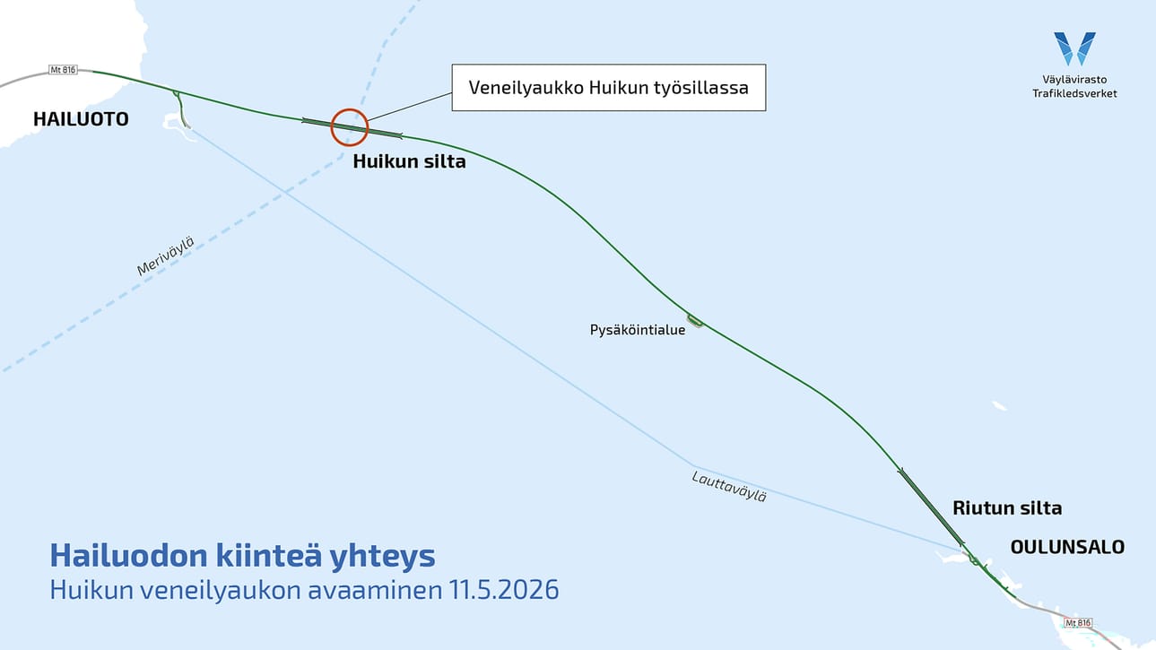 Karttakuvassa meriväylä kulkee Huikun sillan kohdalta, johon on merkitty työsiltaan avattava veneilyaukko.