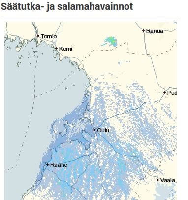 Ruutukaappaus llmatieteen laitoksen Oulun paikallissääsivun säätutka-osiosta.