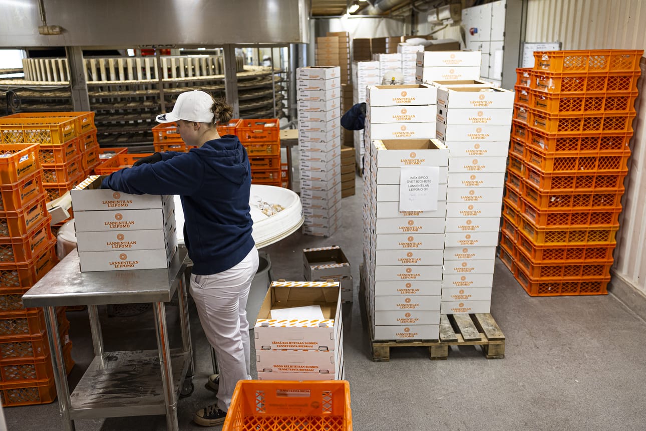 Emma Vallinmäki pakkaa Lännentilan leipomon rieskoja Oulussa kuljetusta varten.