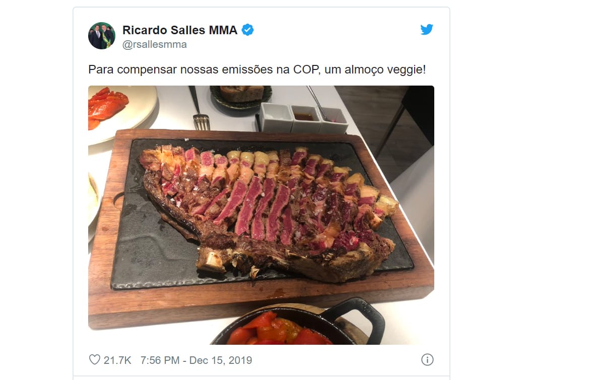 Kompensoidaksemme päästömme COP:ssa, kasvislounas! tviittasi Brasilian ympäristöministeri Ricardo Salles maanantaina.
