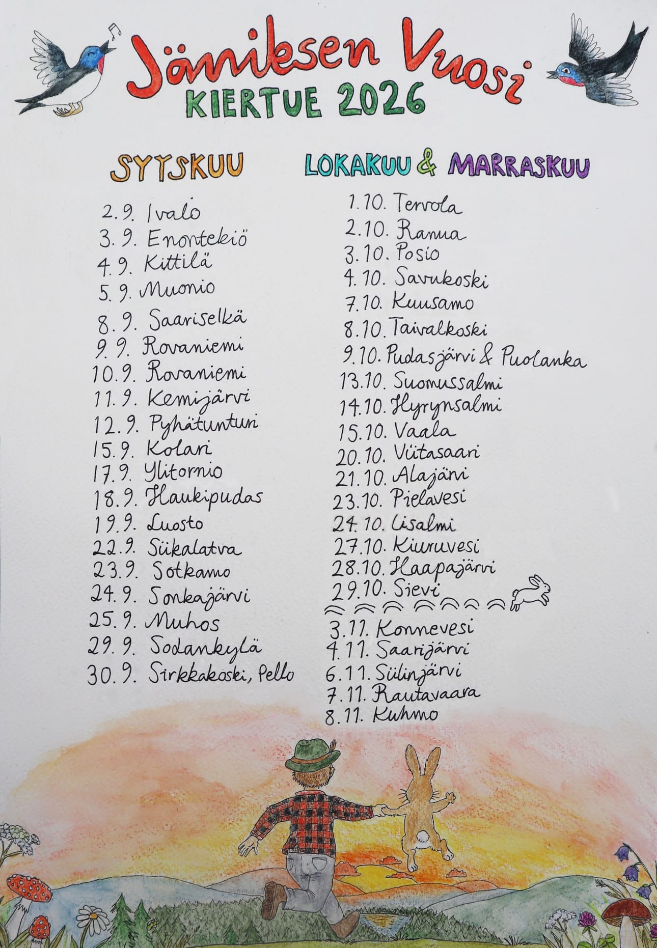 Jäniksen vuosi -kiertueen aikataulu. 41 näytöksestä 19 pidetään Lapissa.
