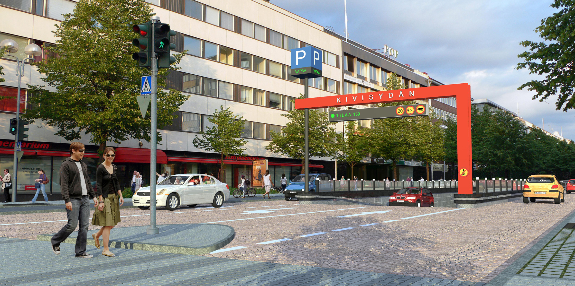Hallituskadun tuleva sisäänkäynti havainnekuvassa.