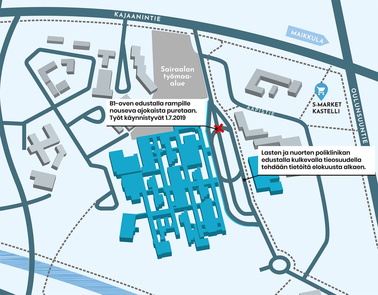Tästä voi tarkistaa, miten liikennejärjestelyt muuttuvat Oulussa, sairaalan alueella.