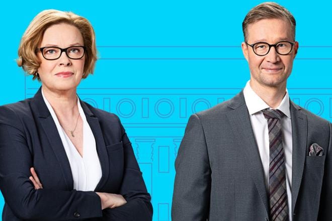 Seija Vaaherkumpu ja Sakari Sirkkanen juontavat kaksi Suurta vaalikeskustelua TV1:ssä. KUVA: Jyrki Valkama