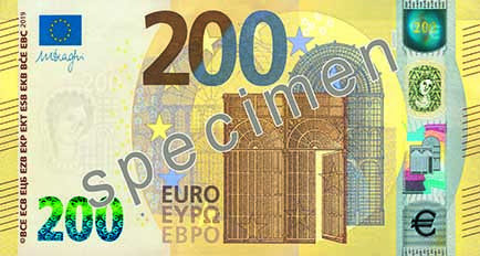Uusi kahdensadan euron seteli. Kaikkien setelien kääntöpuolella on sama Euroopan kartta, etupuolella taas kuva rakennuksesta, joka edustaa eurooppalaista arkkitehtuuria.