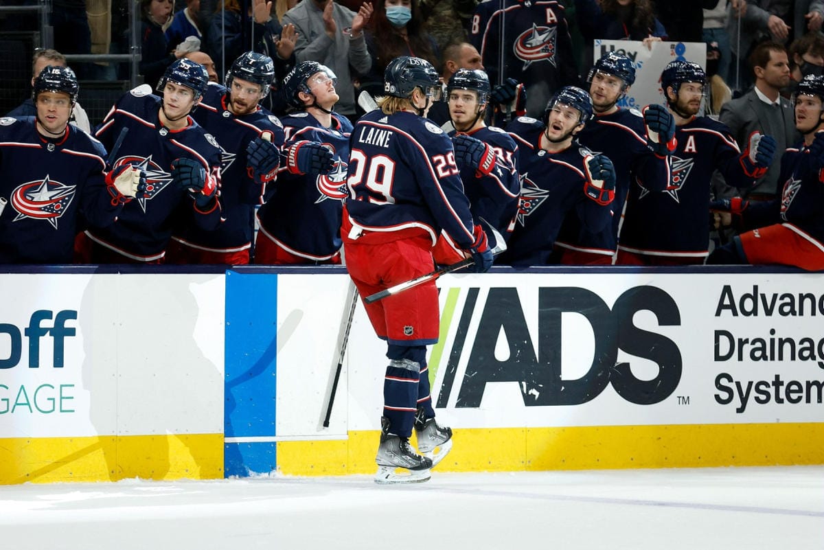Columbus Blue Jacketsin Patrik Laine teki joukkueensa neljännen maalin. Arkistokuva. LEHTIKUVA / Getty Images / AFP