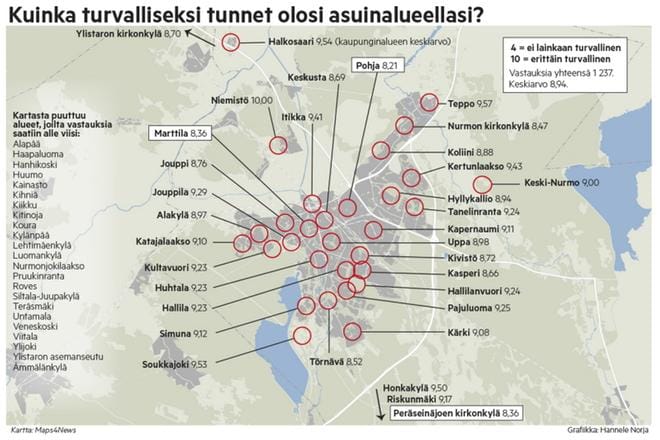 Ilkan verkkokyselyyn Seinäjoen asuinalueiden turvallisuudesta tuli runsaasti vastauksia eri puolilta kaupunkia. GRAFIIKKA: HANNELE NORJA