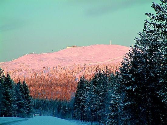 Keskipäivän aurinko kultaa jo myös Levin tunturikumpareen.