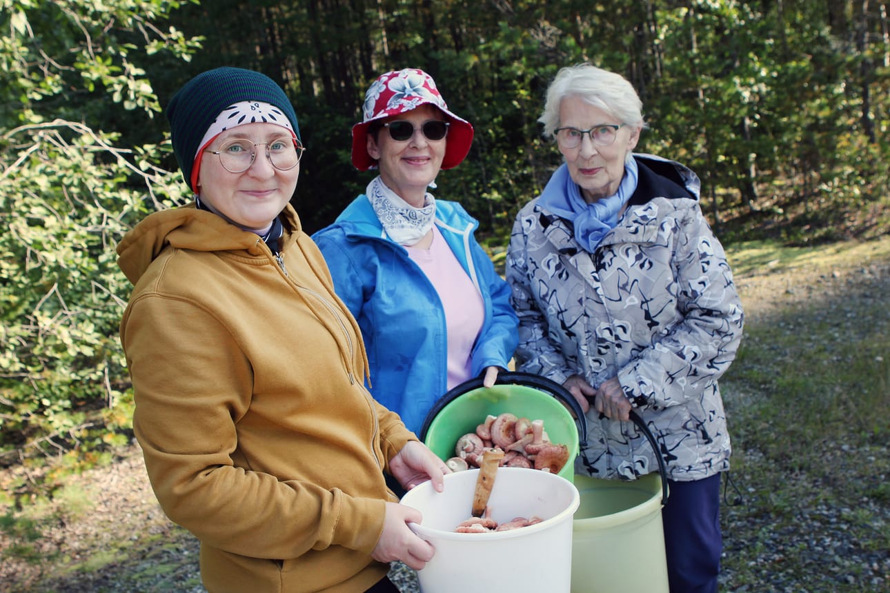 Miia Härkönen (vas.), Jaana Härkönen ja Kerttu Salmi ovat ahkeria sienestäjiä.