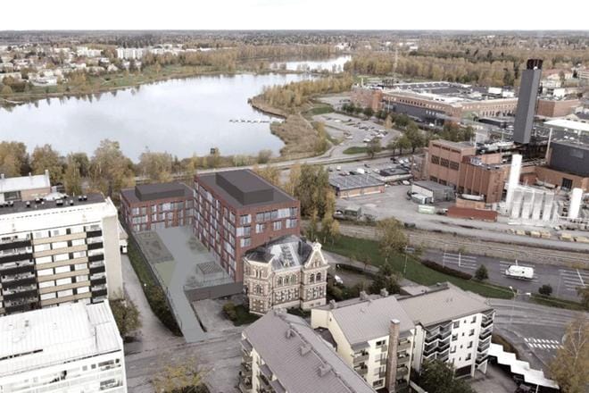 Tältä näyttää Museokatu 11:ssä, jos kaava toteutuu ehdotuksen mukaan. Vanhan puhelinyhdistyksen talon viereen saa rakentaa uuden kerrostalon, joka mataloituu tontin pohjoisosassa. Uudisrakennus näkyy havainnekuvassa punaruskeana. VLP:n puhelinmasto on tässä ehdotuksessa purettu. Taustalla näkyy Onkilahti. Havainnekuva: NAC arkkitehdit