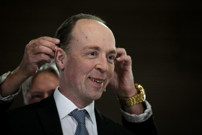 Perussuomalaisten puheenjohtaja Jussi Halla-aho kuvattuna vaali-iltana 14.4. ARKISTOKUVA: JOEL MAISALMI