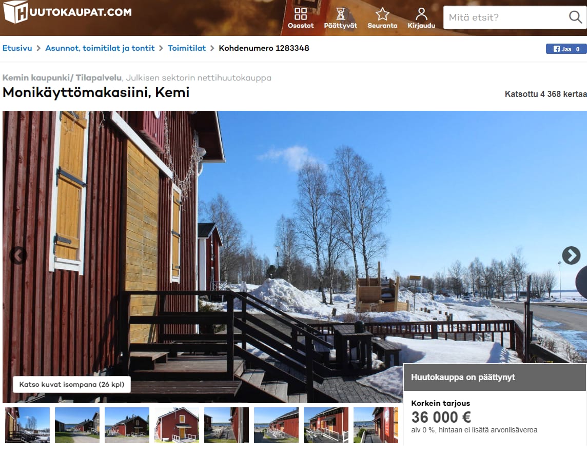 Rakennusten huutokauppa päättyi lauantaina. Kuvankaappaus.