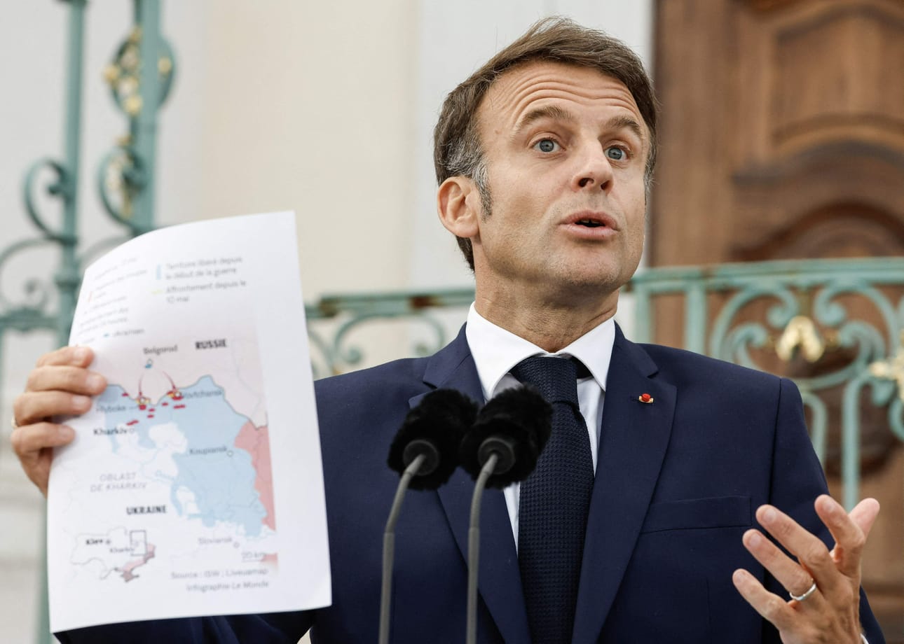 Macron ei ole sulkenut pois mahdollisuutta joukkojen lähettämisestä Ukrainaan, vaikka muut sotilasliitto Naton jäsenmaat eivät ole olleetkaan tähän kovin halukkaita. LEHTIKUVA / AFP