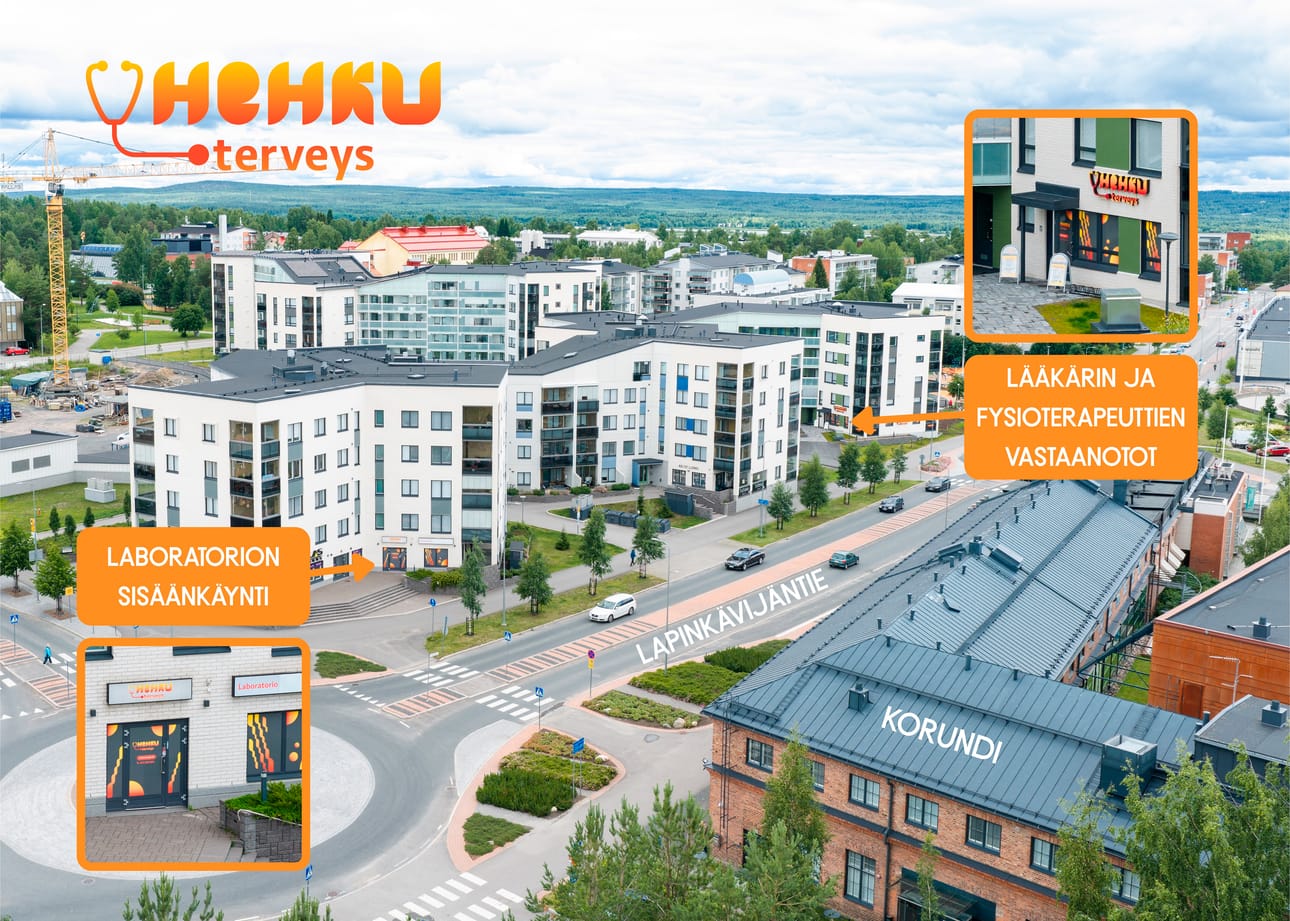 Lääkäriasema Hehku Terveyden lääkärien ja fysioterapeuttien vastaanotolta on vain lyhyt kävelymatka laboratorioon.