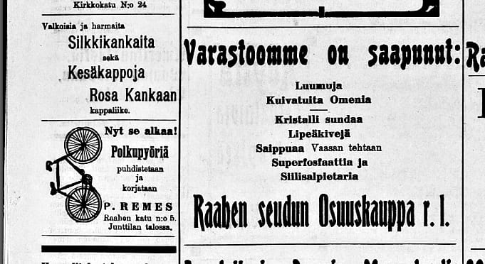 Sata vuotta sitten ilmoituksissa tarjottiin muun muassa polkupyörien kesähuoltoja. Osuuskauppa puolestaan kauppasi nykysin varsin eksoottiselta kuulostavia tuotteita, kuten lipeäkiviä ja siilisalpietaria.