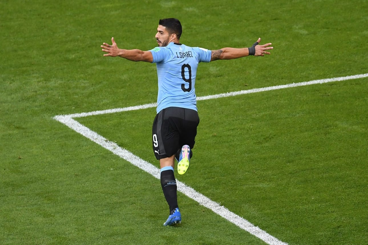 Luis Suarez tuuletti maalia Uruguayn maajoukkueen paidassa vuoden 2018 MM-turnauksessa Venäjällä. LEHTIKUVA/AFP