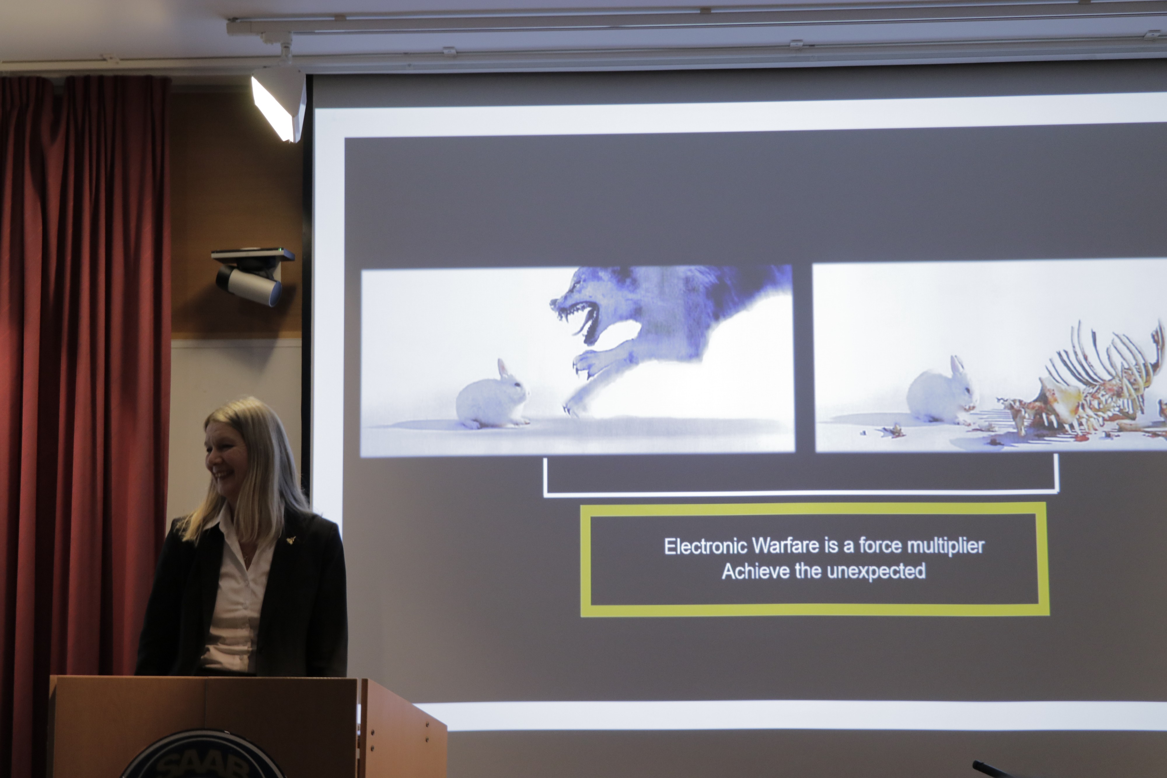 Saabin myyntijohtaja Inga Bergström esitteli vertauskuvallisesti Gripen E -hävittäjän keinoja harhauttaa vastustaja elektronisella sodankäynnillä helmikuussa 2019 Linköpingissä.