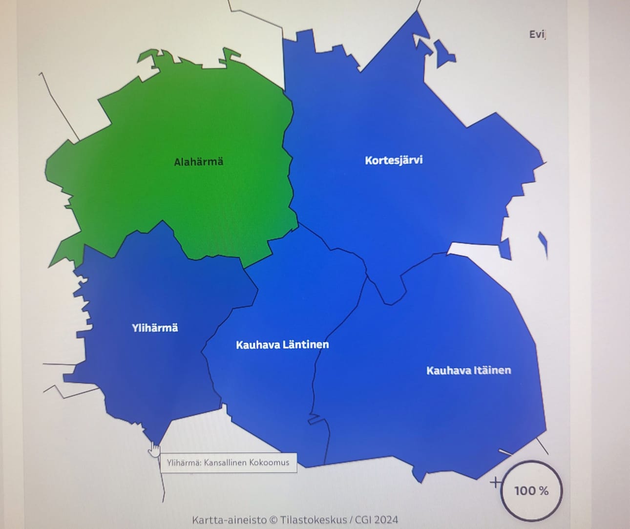 Tilastokeskuksen kartta-aineisto Ylen tulospalvelussa näyttää pääosin siniseltä Kauhavan osalta. Keskusta oli käydyissä EU-vaaleissa suurin puolue vain Alahärmän äänestysalueella.